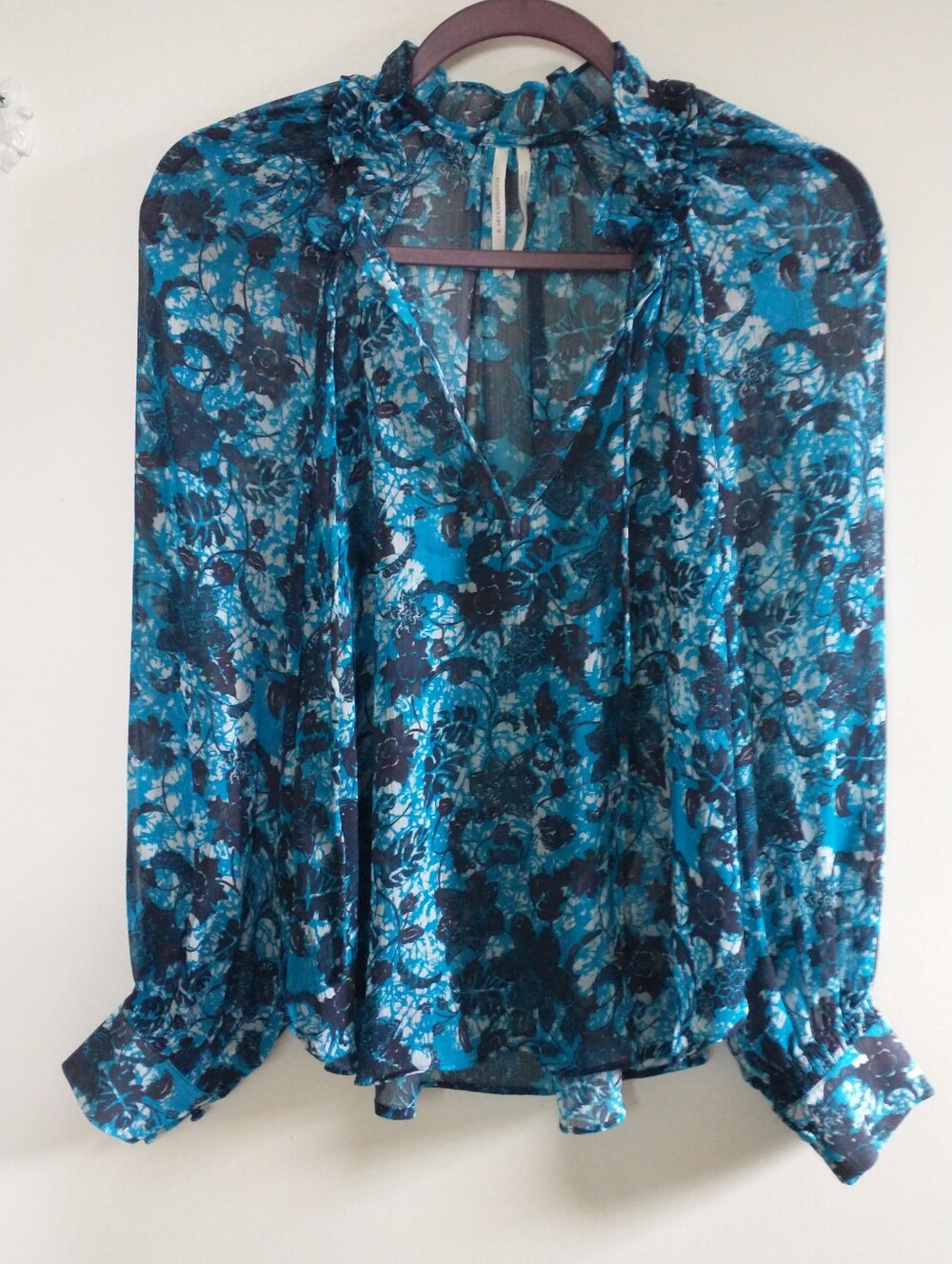 Anthropologie Blue Floral Tie-Neck Peasant Blouse Top XS Boho Romantic